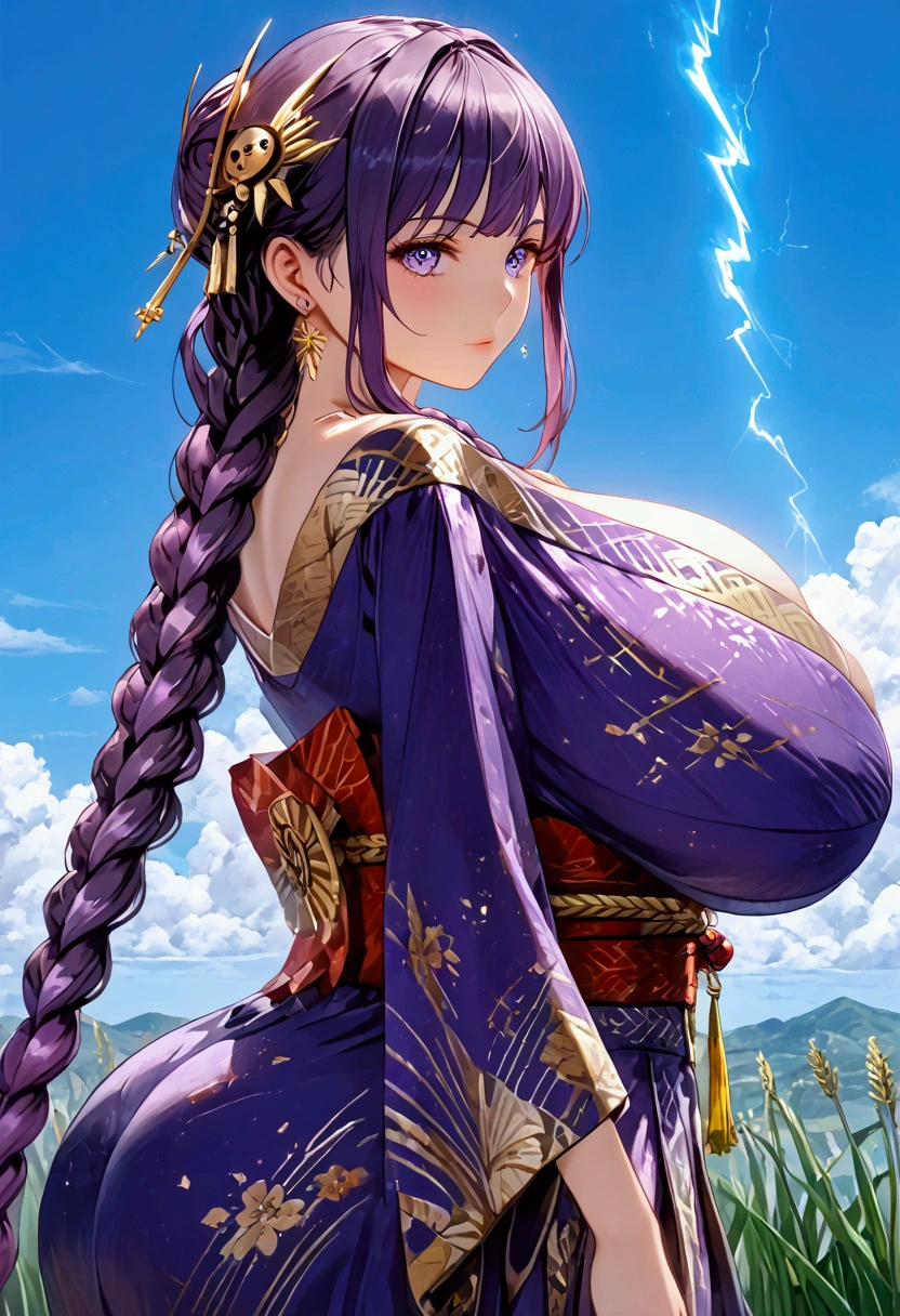 ((( Lightning General)))、(((Purple Hair)))、((( braids)))、(((Purple Kimono )))、(((  gold hair ornament  )))、(((clothing))),(((( super huge ,   abnormally swollen breasts  ))))、(((HYPER Breast))),((( super huge  ass)))、(((   plump body  )))、((( thighs)))、((((( blue sky)))))、(((((Turf)))))、{{{NFSW}}}、{{{masterpiece}}}, {{{ top quality }}}, {{ultra-   Details}}, {{shape}}, {{{        is very delicate and beautiful   }}},{{extremely    Details CG}}、{{   Unity 8k Portrait}}、{{Fabric Shading}}、{{super    Details skin}}、{{    COMPLETE ANATOMY }}、{{   Details}}、{{Moving Light}}、{{{beautiful    Details eyes}}}、{{{beautiful    Details Face}}}、{{{ realistic , Live Anime}}}、{{{   anime paint}}}、(   perfect face)、(非常に   Detailsな顔)、(  perfect eyes)、( ハイライツ)、(  perfect legs )、( Perfect Breasts )、(Perfect pose)、(     perfect body  )、((  cowboy shot))、(((((     Dynamic Depiction    )))))、(((((the above)))))