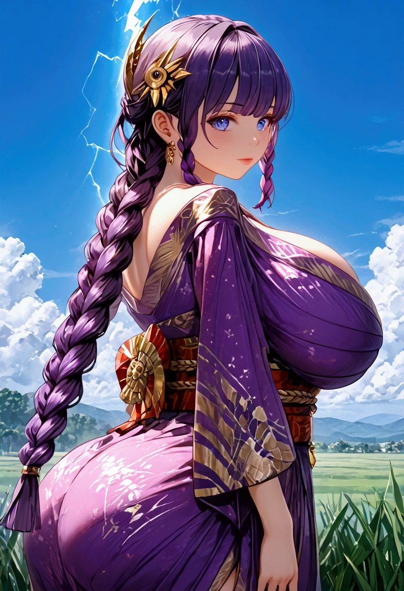 ((( Lightning General)))、(((Purple Hair)))、((( braids)))、(((Purple Kimono )))、(((  gold hair ornament  )))、(((clothing))),(((( super huge ,   abnormally swollen breasts  ))))、(((HYPER Breast))),((( super huge  ass)))、(((   plump body  )))、((( thighs)))、((((( blue sky)))))、(((((Turf)))))、{{{NFSW}}}、{{{masterpiece}}}, {{{ top quality }}}, {{ultra-   Details}}, {{shape}}, {{{        is very delicate and beautiful   }}},{{extremely    Details CG}}、{{   Unity 8k Portrait}}、{{Fabric Shading}}、{{super    Details skin}}、{{    COMPLETE ANATOMY }}、{{   Details}}、{{Moving Light}}、{{{beautiful    Details eyes}}}、{{{beautiful    Details Face}}}、{{{ realistic , Live Anime}}}、{{{   anime paint}}}、(   perfect face)、(非常に   Detailsな顔)、(  perfect eyes)、( ハイライツ)、(  perfect legs )、( Perfect Breasts )、(Perfect pose)、(     perfect body  )、((  cowboy shot))、(((((     Dynamic Depiction    )))))、(((((the above)))))