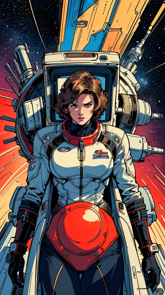 (((Top Quality Masterpiece ))),(((solo:1.2))),((( 1 woman :1.2))), 32K Highly Detailed Wallpaper , Retro Vintage Style ,(dynamic Angles),(((Overwhelming highlights))),((most complex machine)), American comics with a very flashy color scheme,80s space thriller movie poster ,70s movie poster,Detailed space station