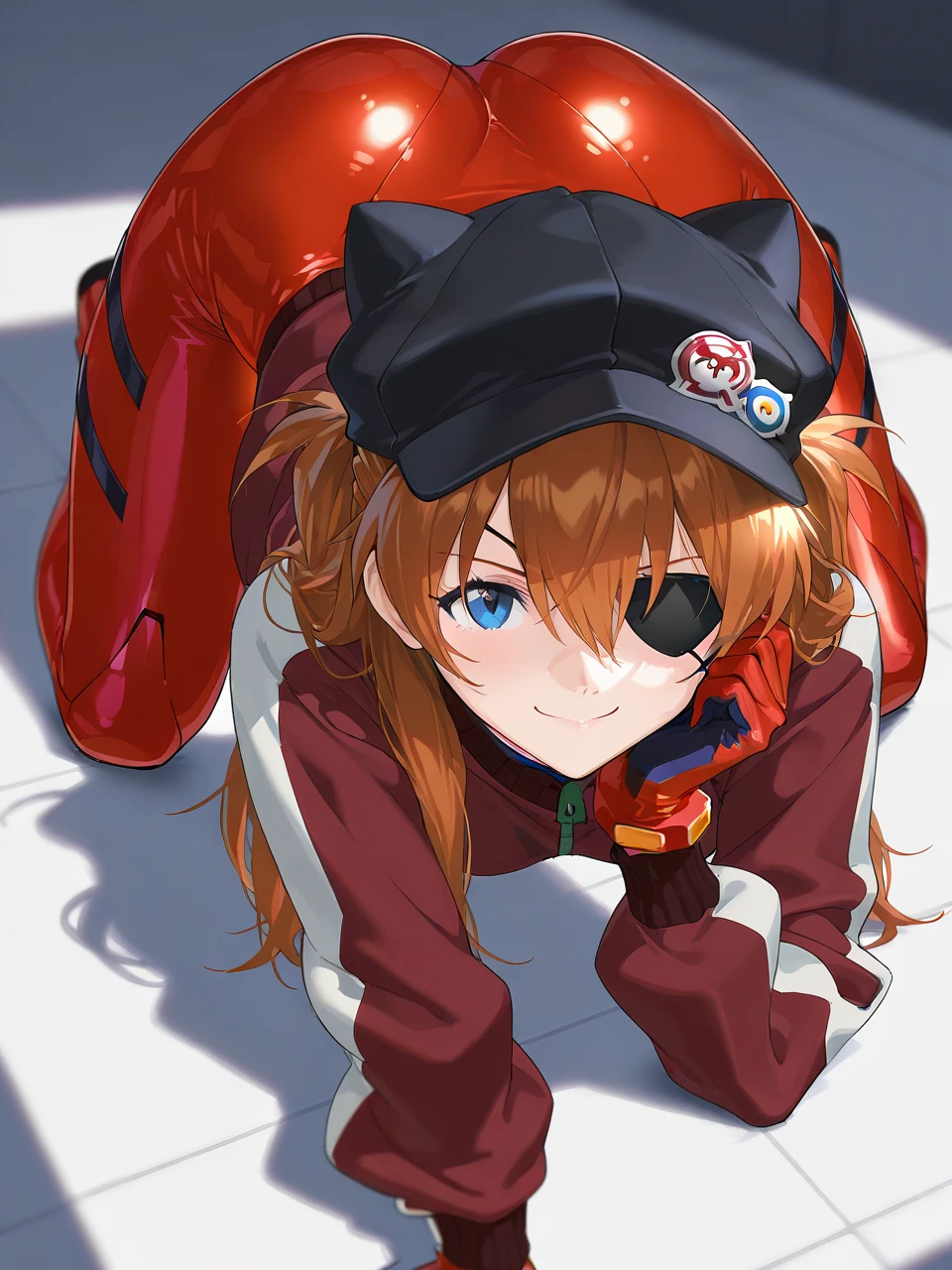  top quality , masterpiece,         ,          1 girl,   ,         viewers,  ,      smile,,        Neon Genesis Evangelion 、       Shikinami Asuka Langley、      red jacket , Red plug suit under jacket, Cat hat,        eye patch, Protruding ass、Protruding thighs 、(Jack-o&#39;-Challenge)、 on all fours、