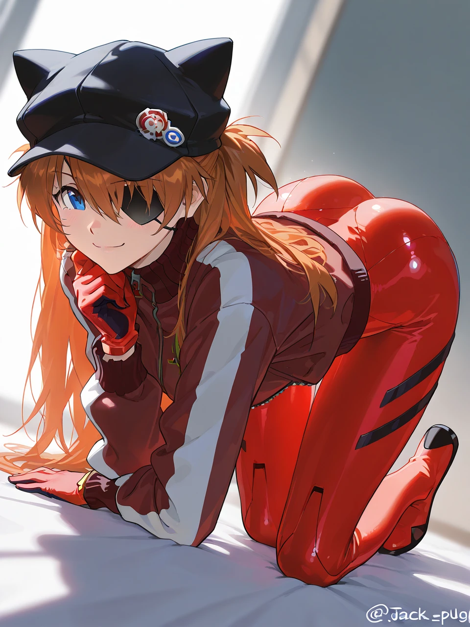  top quality , masterpiece,         ,          1 girl,   ,         viewers,  ,      smile,,        Neon Genesis Evangelion 、       Shikinami Asuka Langley、      red jacket , Red plug suit under jacket, Cat hat,        eye patch, Protruding ass、Protruding thighs 、(Jack-o&#39;-Challenge)、 on all fours、