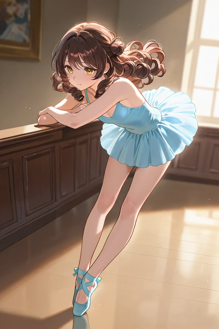 1girl, solo, 17years old,
(masterpiece, best quality, ultra-detailed) ultra detailed, official art,
shoot from below, dynamic poses, dynamic angle, close-up, ((blue leotard)), ((white full-length tights,:1.3)) pony tail, brown hair, brown eyes,cute girl, slender, flexible body, smile, grim, gentle curve of the belly, full split,spread legs,
BREAK
Create an image of a ballerina in a needle pose, one leg lifted skyward, arms in harmony. She wears an ornate bodice and a white tutu, casting a sharp shadow on a grey floor, embodying serenity and discipline
BREAK
((Simple ballet studio, Nothing around Spacious flooring studio,:1.2)), (Bright light and scenery flood in through the window, clear glass),