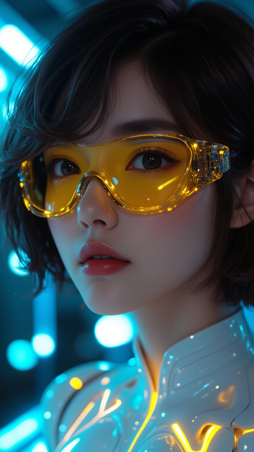 It is decorated with glowing tips with a surreal close-up portrait of a young woman with shoulder-length black hair styled with an edgy, futuristic layer. She wears Mecca eyewear with a neon yellow visor. The frame features smooth, angled edges and detailed mechanical detail. Her expression is vibrant, confident, and her skin is highlighted with a neon reflection. She wears a high-tech bodysuit that incorporates LED lines and white ceramic panels.