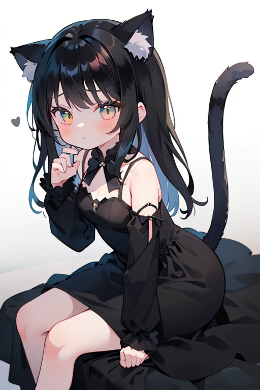 1girl, animal ears, cat ears, tail, cat tail, long hair, breasts, solo, cat girl, yellow eyes, sweater, cat, looking at viewer, hair ornament, sitting, tail bow, seiza, blush, bow, tail ornament, virgin killer sweater, grey hair, bare shoulders, turtleneck, simple background, large breasts, closed mouth, meme attire, sleeveless, sweater dress, bangs, very long hair, black bow, black sweater, sleeveless sweater, turtleneck sweater, bare arms, black cat, hair between eyes, hands up, dress, smile, cable knit, :3, cat hair ornament, hairclip, animal ear fluff, paw print
