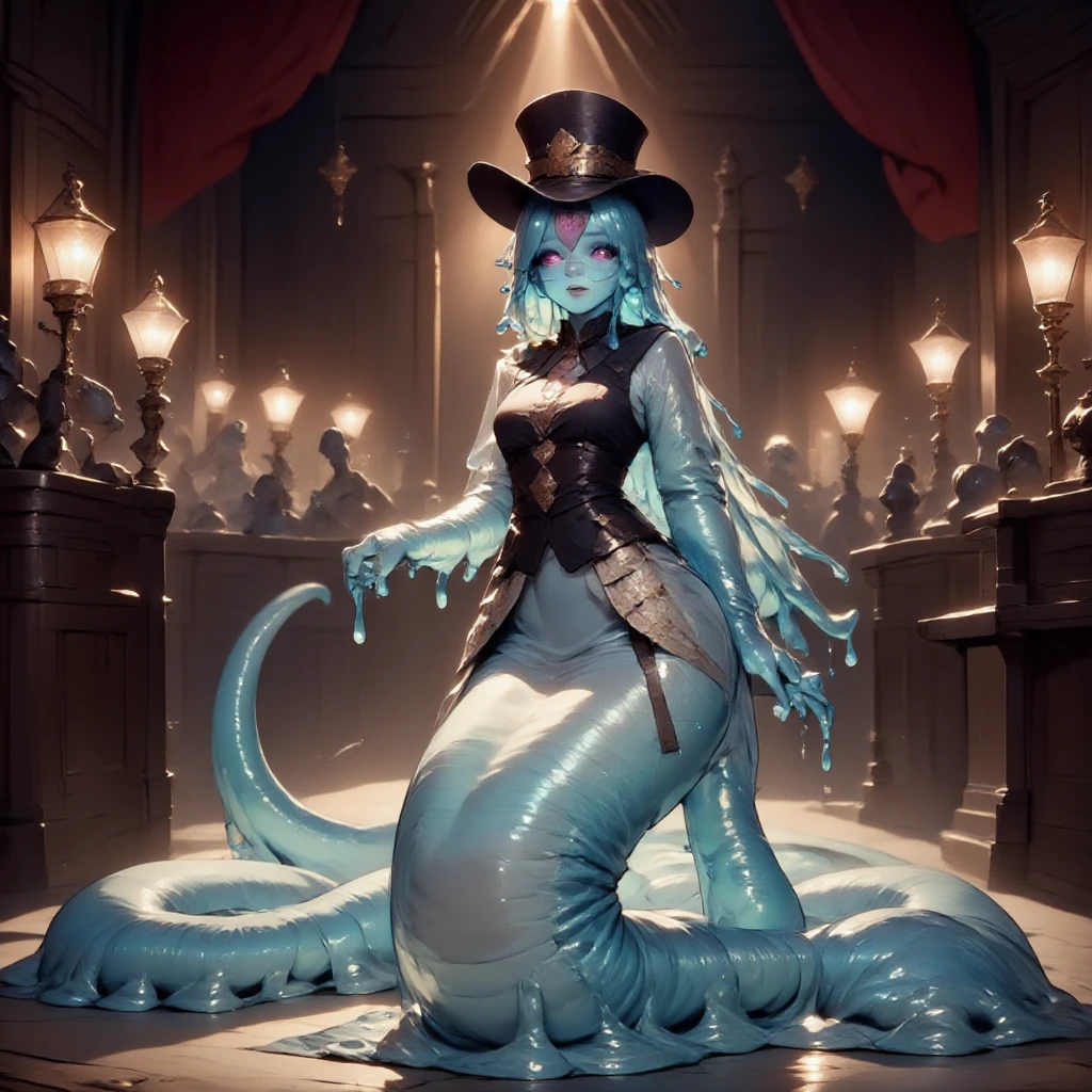 In a dimly lit, mahogany-paneled gentlemen's club, a striking Lamia-Slime Girl sits elegantly, her slender transparent figure encased in a fitted waistcoat and adorned with a stylish top hat. Her eyes peer out from behind gleaming spectacles, exuding an air of sophistication and mystery. Her snake body and tail extend back through the club, dripping slime. legless