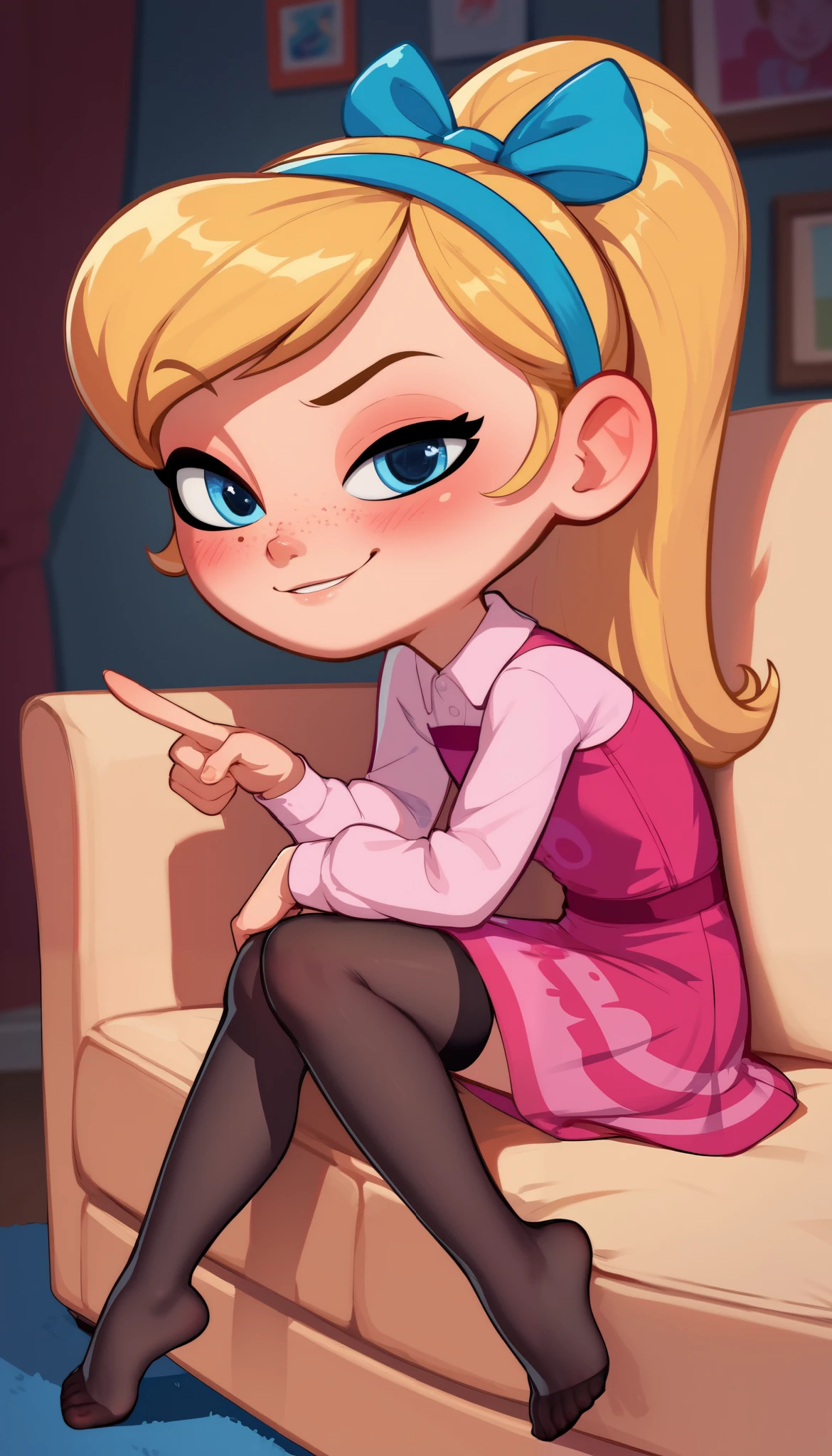 1girl, full body, solo, young girl, 9- , penny peterson, long hair, blue eyes, freckles, blonde hair, skirt, hairband, cyan ribbon, ponytail, black sexy stockings, pink dress, long sleeves, no shoes, score_9, score_8_up, score_7_up, score_6_up, score_5_up, sitting, sofa, sitting up, indoors, looking at you, facing you, smug expression, one eyebrow raised, exaggerated blushing, red face, blush lines, soft lighting, flat chest, leaning forward, pointing straight down
