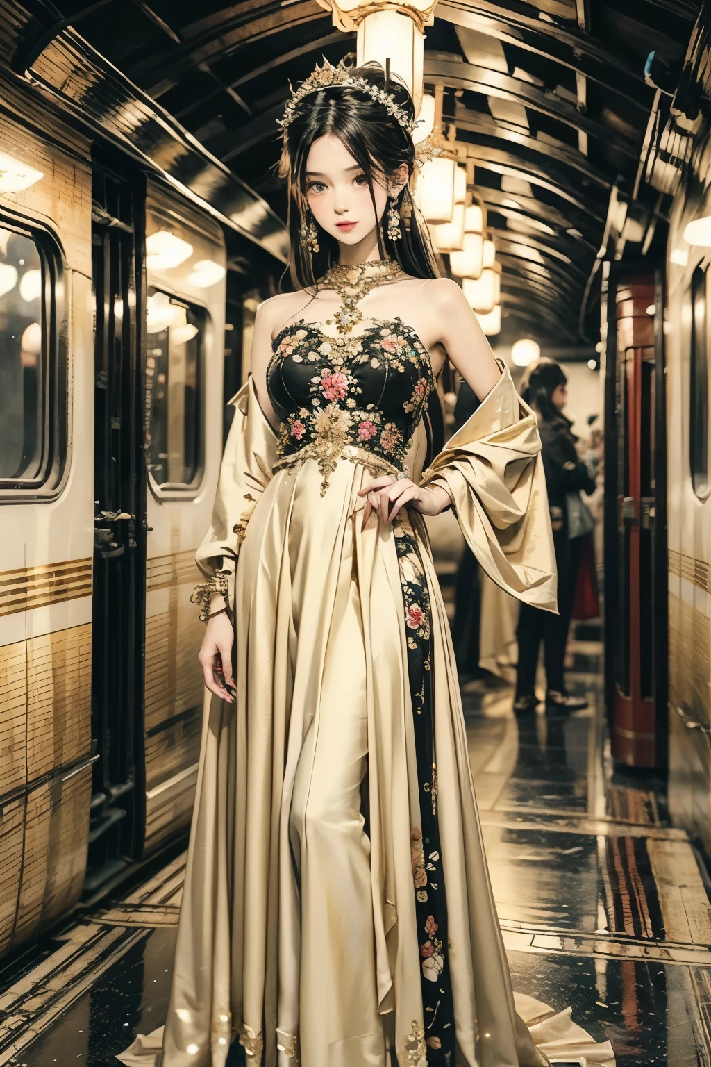 A highly detailed full body fashion illustration, featuring a confident woman wearing an elegant evening gown, designed with intricate floral patterns and a long flowing train, accessorized with sparkling jewelry. The character stands in a neutral studio environment with a plain white background, ensuring the focus remains on the outfit and character design. The lighting is soft and even, highlighting the textures and details of the fabric. The image is presented in a clean, professional style, ideal for a high-fashion design portfolio.