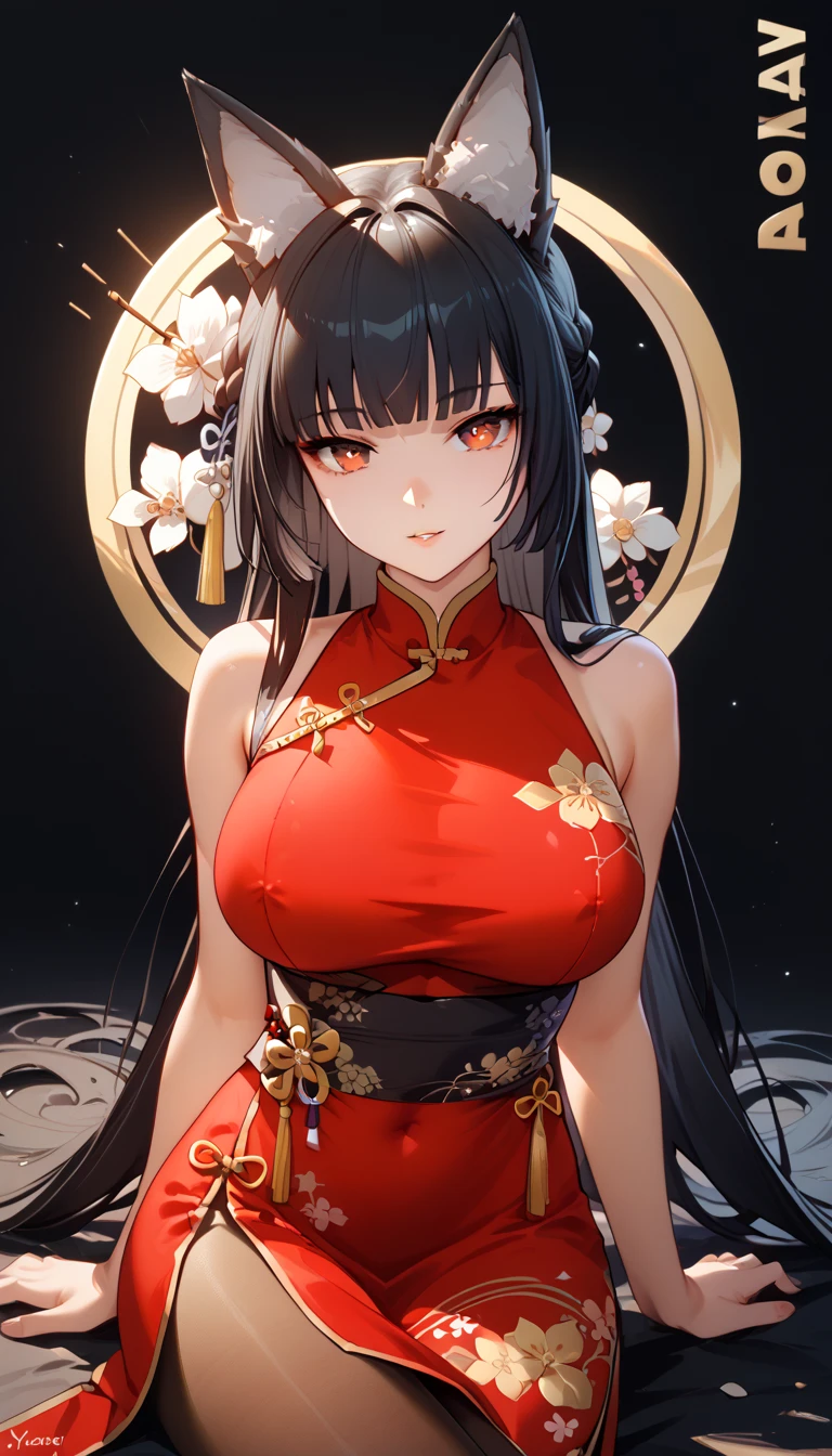 masterpiece， high-resolution ，Anime Art，Anime Numbers， 4k anime wallpaper，Soft Light， radiant skin， unique ， Face Closeup ， visual impact，An anime girl，Sitting，red costume cheongsam，new year， long black hair， Wolf Ears ， red eyes ，Big breasts， black pantyhose， pure black background 