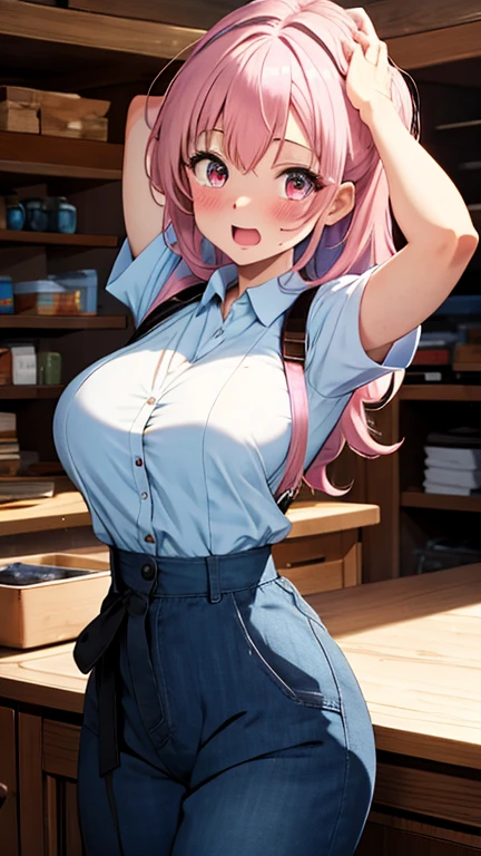 teenage girl,crop top,hot pants,Queen,Shake to confirm,rope,shackles,Red eyes,no underwear,pink hair,big deal,playful,stick out your tongue,Smile,Sweat,secretion,hips close,sitting,sitting on camera,Rear view,Hips raised,like,Beautiful breasts、huge breasts:1.4,plump breasts,