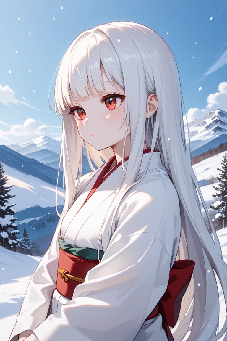 masterpiece,best quality,simple,minimalism,hime cut,cute japanese girl,(((straight white long hair))),troubled and groomed eyebrows,red eyes,slanted eyes,half opened eyes,white skin,white kimono red obi,simple background,snow,mountain,snowstorm from mouth