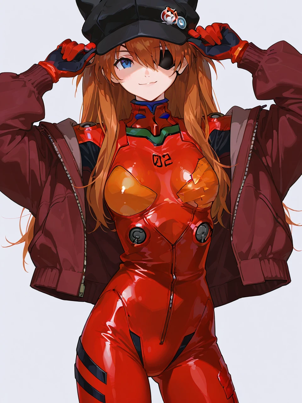 1girl, souryuu asuka langley, evangelion:3 you can (not) redo, neon genesis evangelion, rebuild of evangelion, animal, animal ears, animal hat, arm support, badge, bird, (black headwear:1.1), black jacket, blue eyes, bodysuit, breasts, button badge, cat hat, covered mouth, crow, day, eyepatch, fake animal ears, feathers, feet out of frame, floating hair, gloves, hair between eyes, hand up, hat, holding, jacket, light particles, long hair, long sleeves, looking down, one eye covered, orange hair, outdoors, overcast, pilot suit, plugsuit, power lines, red bodysuit, rust, science fiction, sitting, sitting on object, sky, solo, traffic light, utility pole, masterpiece, best quality, extremely detailed CG unity 8k wallpaper, (ultra detailed), (ultra realistic), RAW photo, photorealistic, 8k, high res, extremely detailed face, sharp focus, intricate details, absurdres, <lora:loraH(DiffLoRA)_FaceShadowTweaker_v1_dim4:-2>