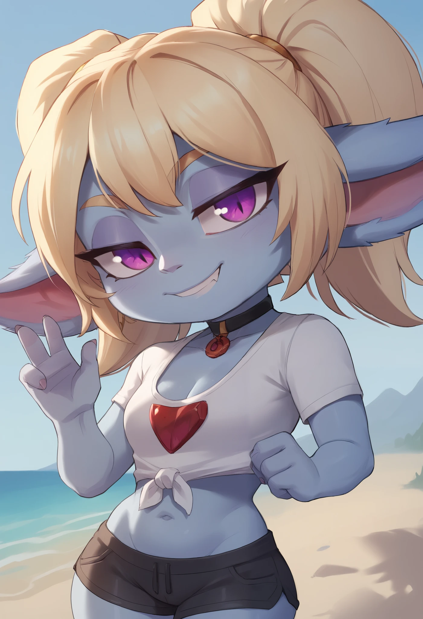 score_9, score_8_up, score_7_up, rating_safe, 1girl, (shortstack:1.3), cute, p0ppy, yordle, blonde hair, blue skin, big twintails, small breasts, huge hips.(head tilt:1.3), smug, bedroom eyes, close-up, cleavage, solo, 4 fingers. choker. makeup, earrings, red pendant, tshirt. shorts. beach. 