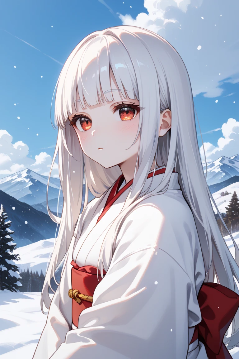 masterpiece,best quality,simple,minimalism,hime cut,cute japanese girl,(((straight white long hair))),troubled and groomed eyebrows,red eyes,slanted eyes,half opened eyes,white skin,white kimono red obi,simple background,snow,mountain,snowstorm from mouth