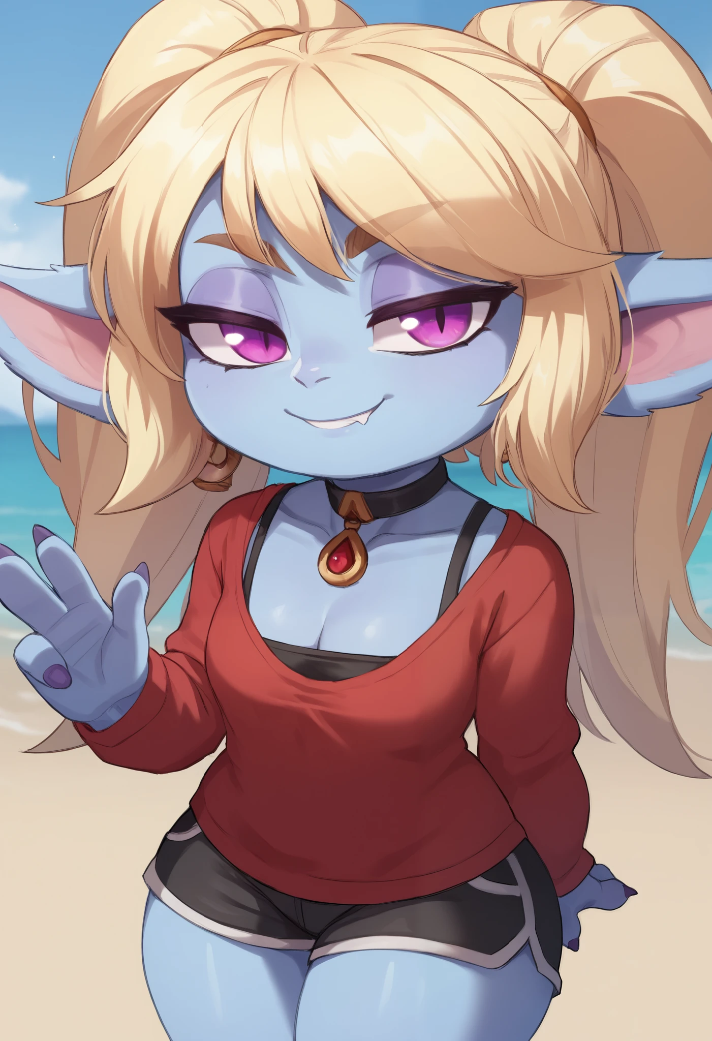 score_9, score_8_up, score_7_up, rating_safe, 1girl, (shortstack:1.3), cute, p0ppy, yordle, blonde hair, blue skin, big twintails, small breasts, huge hips.(head tilt:1.3), smug, bedroom eyes, close-up, cleavage, solo, 4 fingers. choker. makeup, earrings, red pendant, tshirt. shorts. beach.

