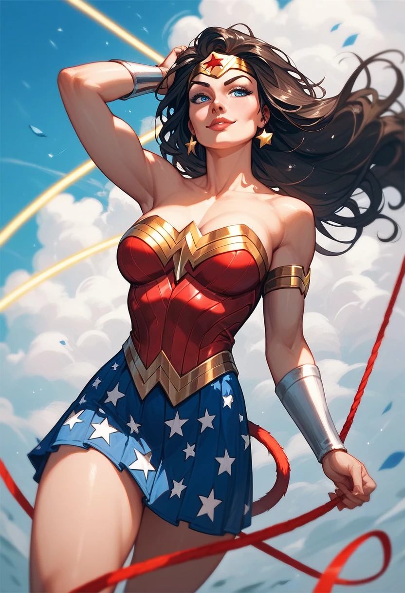 masterpiece, best quality, 1girl, wonder woman, solo, leotard, boots, superhero, fly, flying, space, space backdrop