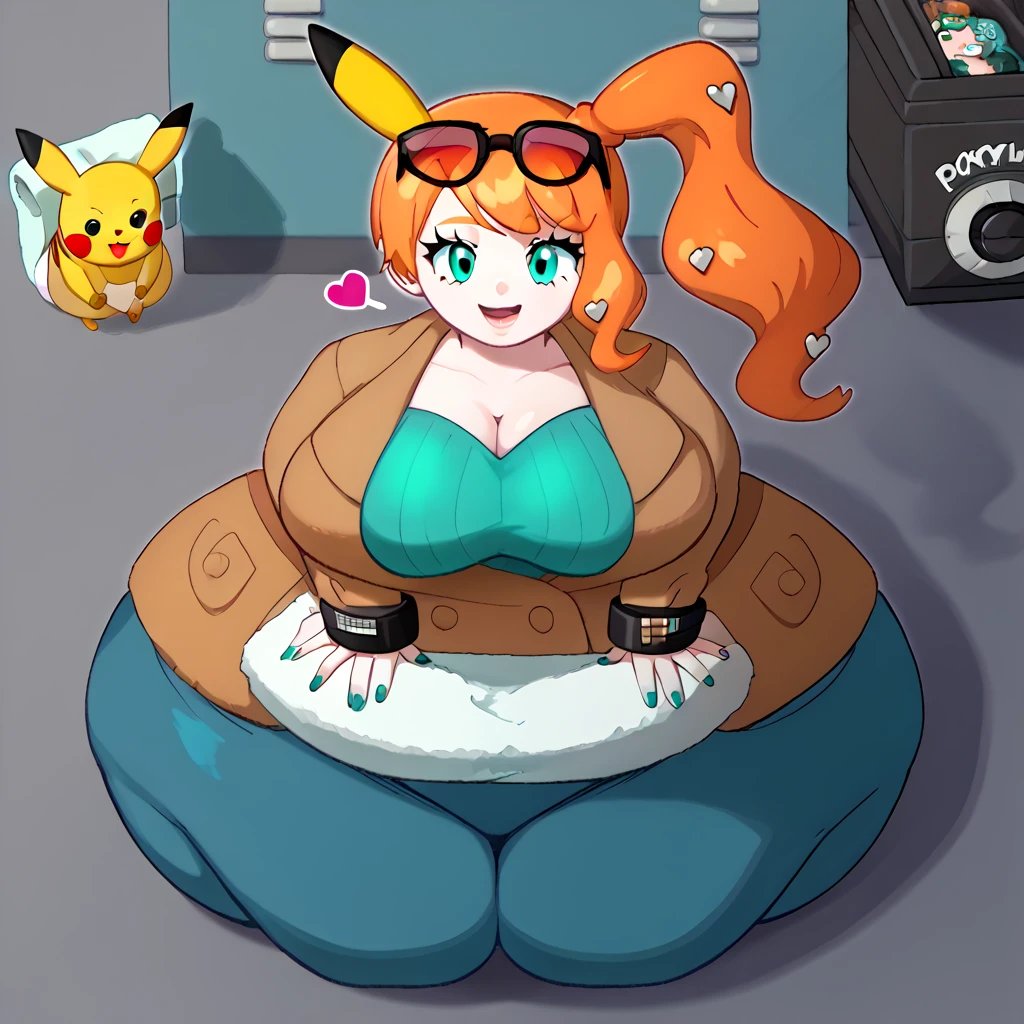 score_9, score_7_up BREAK solo,EPpkSonia,orange hair, side ponytail, aqua eyes, long hair, eyewear on head, sunglasses, heart hair ornament,ribbed shirt, aqua shirt, brown coat, strap between breasts, obese, cleavage, bracelet, collarbone, blue pants, shoulder bag, long sleeves, nail polish, aqua nails,pikachu,pokemon \(creature\),hugging,happy, on back, paper thin, flattened girl, flattened, on floor, lying on floor, roll press, factory, rollers,(towel body:1.3)