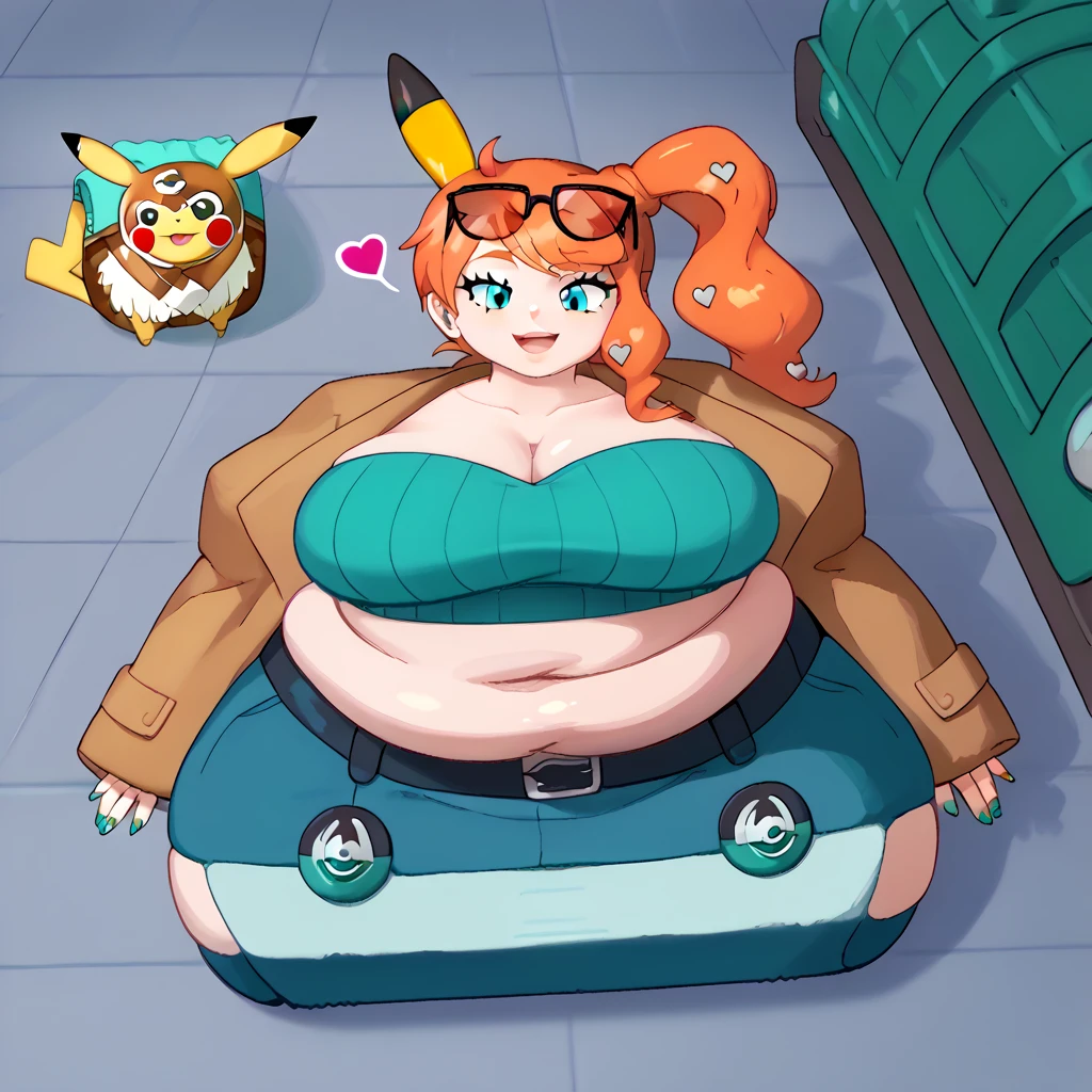 score_9, score_7_up BREAK solo,EPpkSonia,orange hair, side ponytail, aqua eyes, long hair, eyewear on head, sunglasses, heart hair ornament,ribbed shirt, aqua shirt, brown coat, strap between breasts, obese, cleavage, bracelet, collarbone, blue pants, shoulder bag, long sleeves, nail polish, aqua nails,pikachu,pokemon \(creature\),hugging,happy, on back, paper thin, flattened girl, flattened, on floor, lying on floor, roll press, factory, rollers,(towel body:1.3)