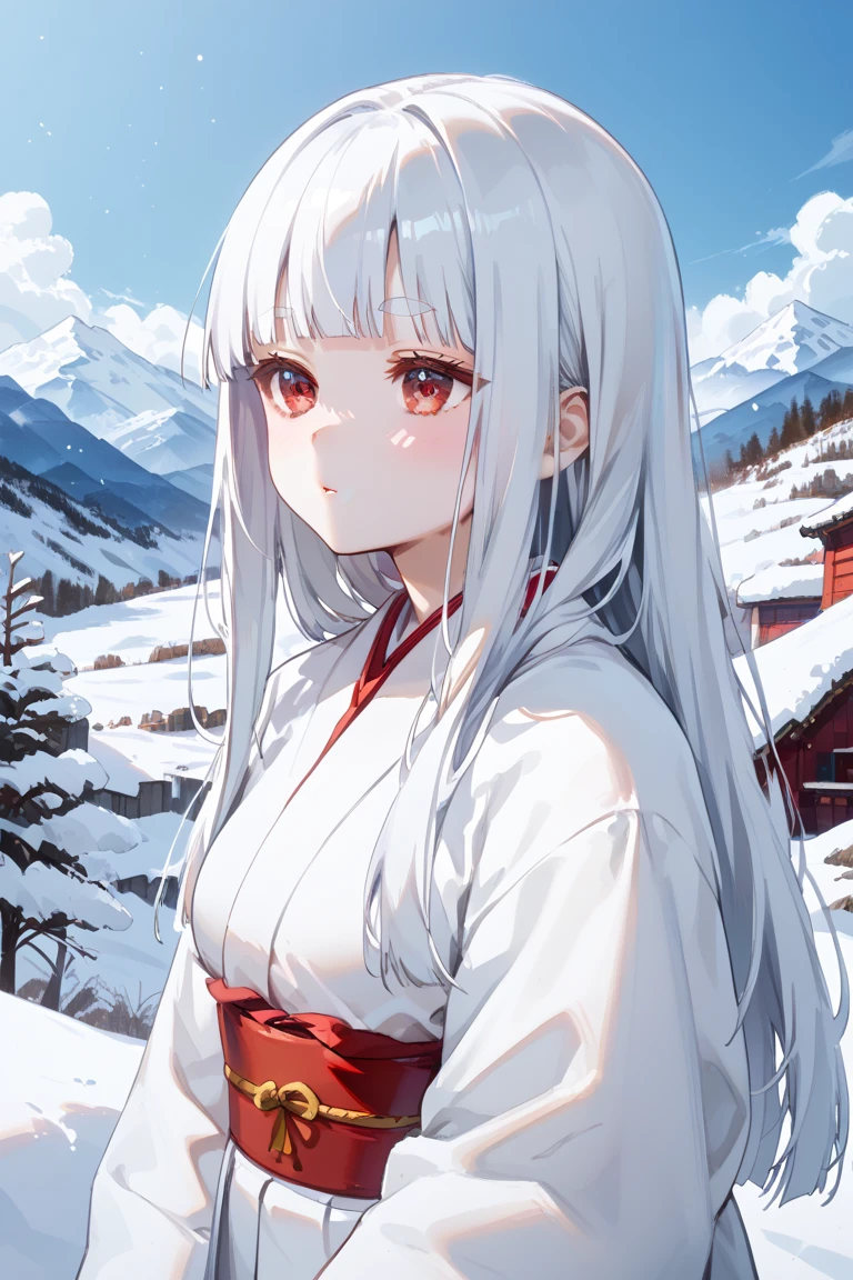 masterpiece,best quality,simple,minimalism,hime cut,cute japanese girl,(((straight white long hair))),troubled and groomed eyebrows,red eyes,slanted eyes,half opened eyes,white skin,white kimono red obi,simple background,snow,mountain,snowstorm from mouth