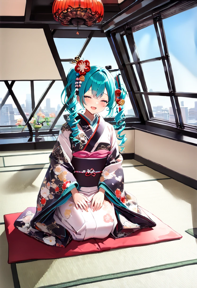 (hatsune miku:1.2), (kimono, long sleeves, plum blossom pattern:1.4), (kanzashi:1.4), (seiza:1.4), (cowboy shot:1.4), (luxurious penthouse, indoor rooftop japanese-style room, tatami:1.4), 