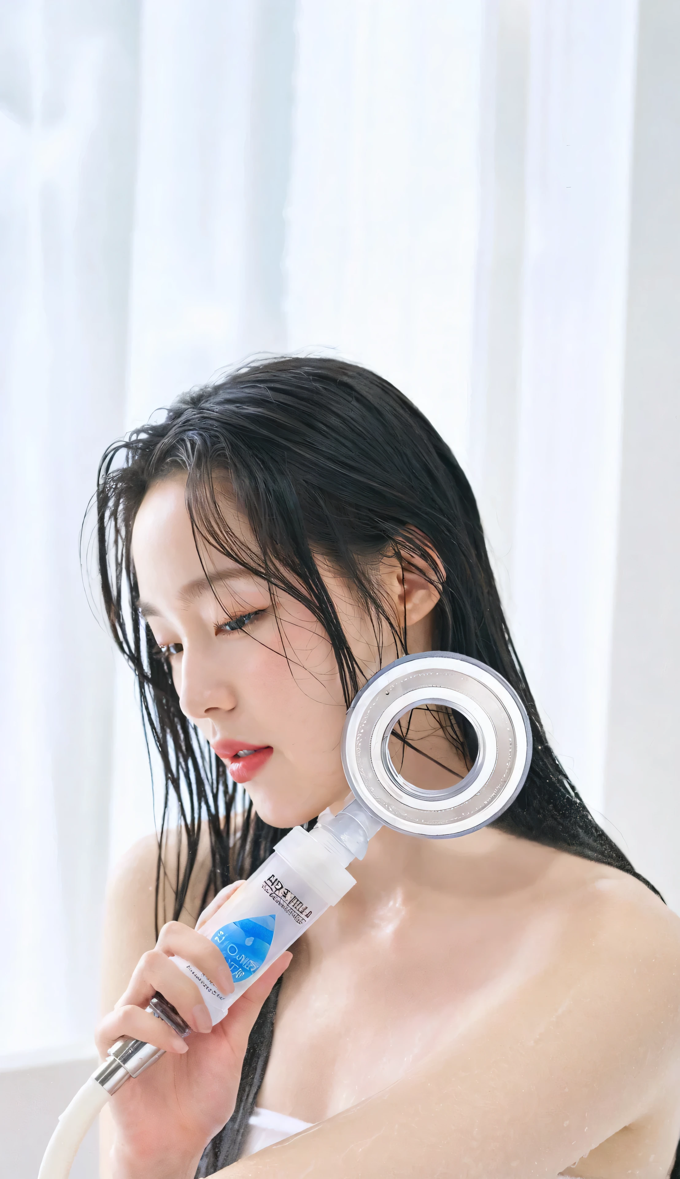 An araffe woman in a bathtub with a hair dryer on her head, soaking wet hair, wet dripping hair, head and shoulders, aokan, product introduction photo, head and shoulders photography, side-view, side - view, head and shoulders masterpiece, professional product photo, bottom angle, help me, liquid headdress, product photo, shower cap. 
Masterpiece, ultra detailed, realistic, photo realistic, high detail RAW color photo, professional photograph, extremely detailed, finely detail, lens flare, Dynamic lighting, 8K, RAW Photo, Best High Quality, Masterpiece: 1.2, Ultra HD: 1, High Detail RAW Color Photo, Pro Photo, Realistic, Photo Realistic: 1.5, Live Photo, Super detailed, Masterpiece, Real Skin, Realistic Skin, Realistic HD Eyes, Highly detailed Eyes, Perfect Eyes, Perfect face, Perfect fingers, extremely detailed face, extremely detailed eyes, extremely detailed skin, perfect anatomy, (non-muscle type:-1).