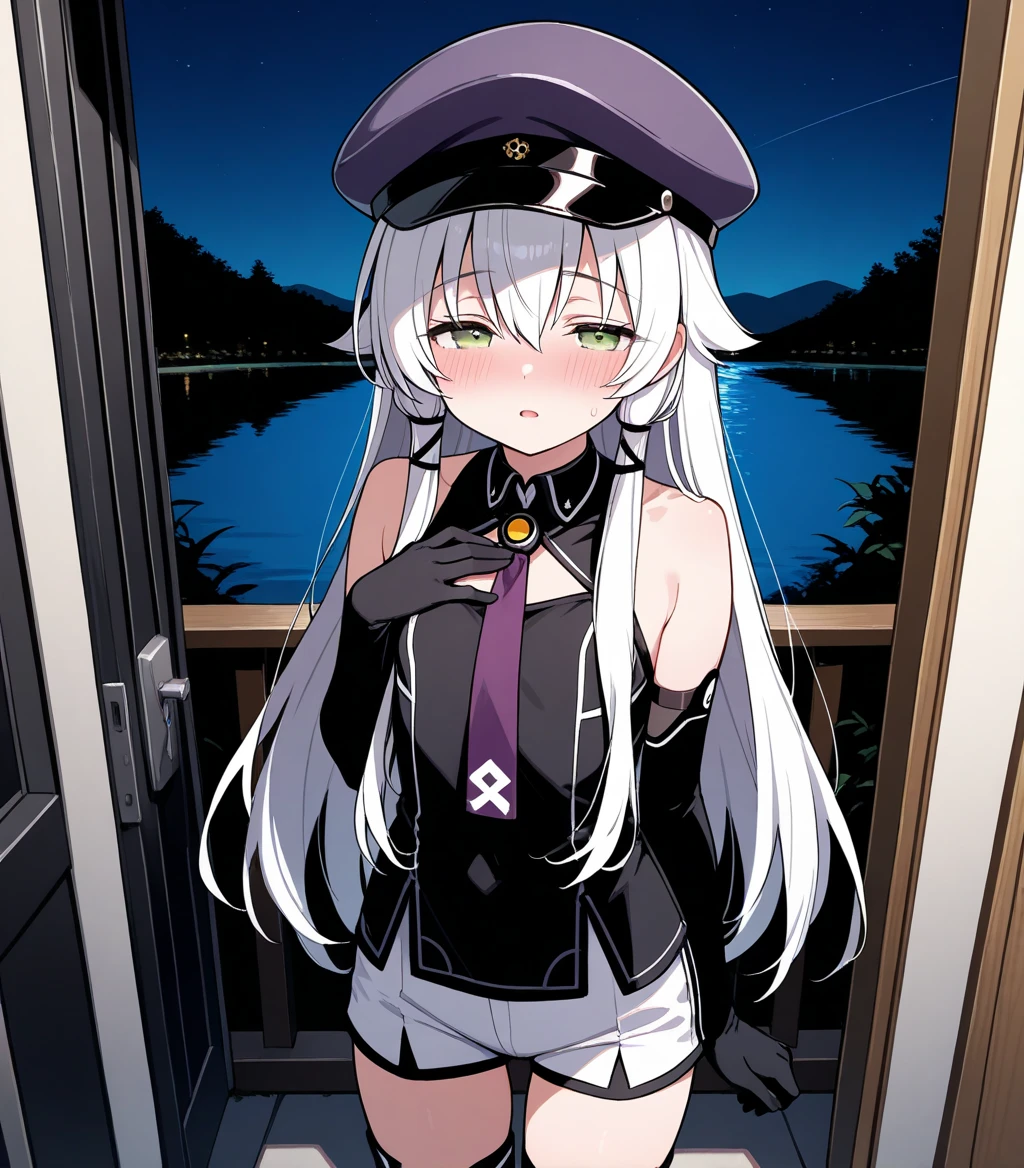 masterpiece, best quality, 1girl, solo, 
Altina Orion, white hair, long hair, sidelocks, green eyes, flat chest, cabbie hat, sleeveless black top, purple necktie, black elbow gloves, white shorts, black thigh boots,  half-closed eyes, open mouth, blushing, hand on own chest, looking at viewer, upper body, low brightness, night, doorway, outdoors, lake,