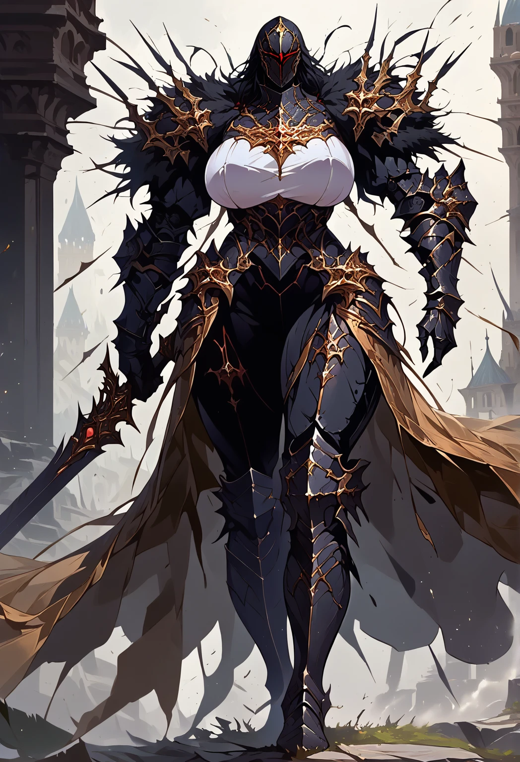 A portrait image of a tall, toned, buff, burly, muscular, thick arms, thick legs, mature woman. pauldrons, boots, expressionless, knight, in front of a building, fallen knight, gothic knight, evil knight, fantasy knight, knight, royal emperor, dark souls knight, wearing heavy armor with cape, black heavy armor with gold trim, long cape, fur trimmed cape, holding weapon, huge weapon, huge sword. Huge breasts. big ass. Very detailed, highly detailed, High quality, High resolution.