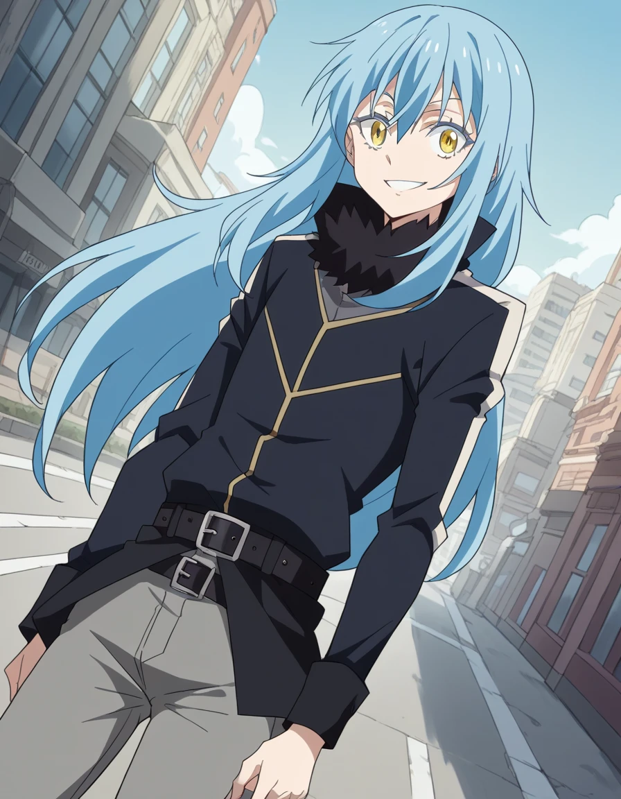 score_9, score_8_ up, score_7_ up,  Source_Anime, Rimuru＝Tempest,  long hair, Hair between the eyebrows,  blue hair,  yellow eyes, androgynous,,  Long Sleeve , Open the clothes, belt, underpants,  comments, black underpants, buckle, black belt, open  comments, black  comments, belt buckle, grey underpants,, Cityscape,  bend your back, smile,  viewers because it's Shiragane in the middle of winter, Alone,,  Cowboy Shot ,  Dutch angle