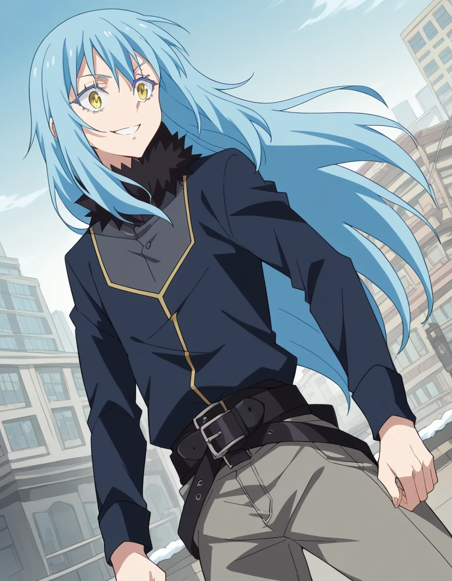 score_9, score_8_ up, score_7_ up,  Source_Anime, Rimuru＝Tempest,  long hair, Hair between the eyebrows,  blue hair,  yellow eyes, androgynous,,  Long Sleeve , Open the clothes, belt, underpants,  comments, black underpants, buckle, black belt, open  comments, black  comments, belt buckle, grey underpants,, Cityscape,  bend your back, smile,  viewers because it's Shiragane in the middle of winter, Alone,,  Cowboy Shot ,  Dutch angle