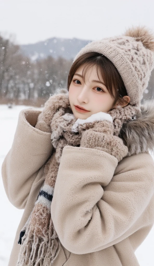 A beautiful young Japanese woman smiling warmly in the snow , wearing cozy winter clothing . She is dressed in a stylish winter coat , a knitted scarf , and a woolen hat with soft gloves . Snowflakes are gently falling around her, and her cheeks are slightly rosy from the cold. Her facial features reflect Japanese beauty with almond-shaped eyes and straight black hair peeking out from under her hat. The background is a serene snow y landscape with snow -covered trees and a peaceful winter atmosphere. The lighting is soft, highlighting the gentle snow fall and her radiant smile.