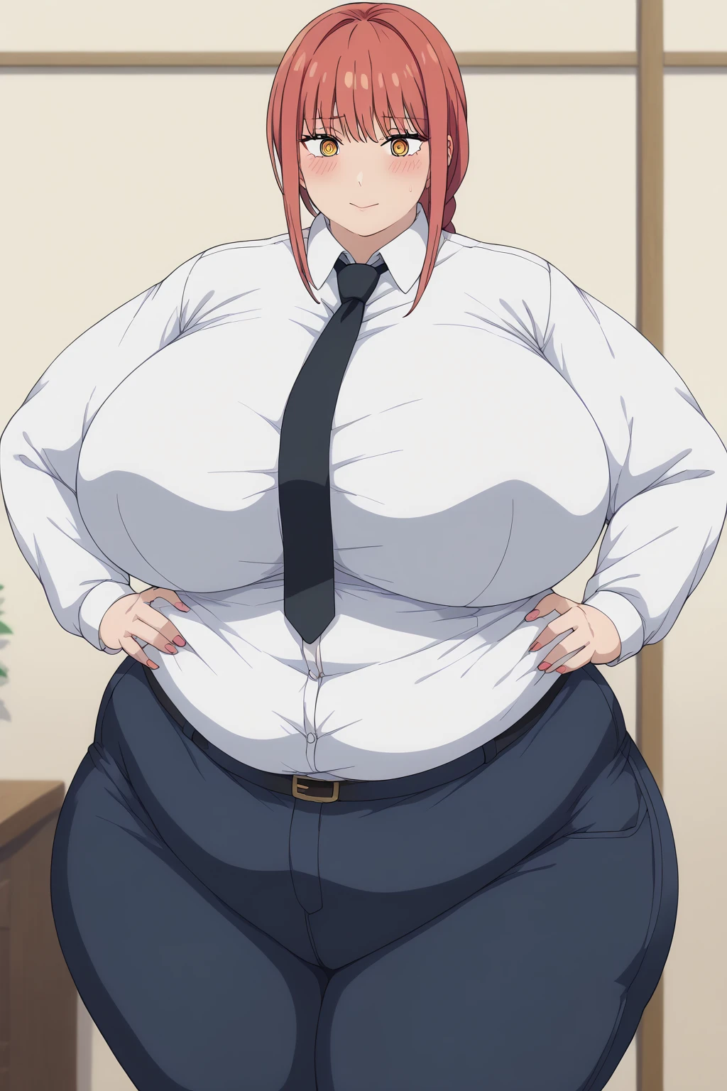 Makima, makima,  long hair、bangs、 shirt、 Long Sleeve , yellow eyes, white  shirt、 braided 、 thighs、Red Hair、 ties, collared  shirt、 black pants 、 window、black  ties, embarrassed expression, troubled expression,  giant areolas, futanari , Woman with a penis, gold ball,The shape of the penis is written on the pants, score_9, score_8_ up、 score_7_ up、 score_6_ up、 score_5_ up、 score_4_ up、 Masterpiece 、 top quality 、 very aesthetic、 absurd, source ,  anime screencap, one woman、Alone、 personal , Super huge breasts, ((( super huge clevis、Super huge, Super huge boob))), Curvy、 chubby、Mature Woman,  obese 、