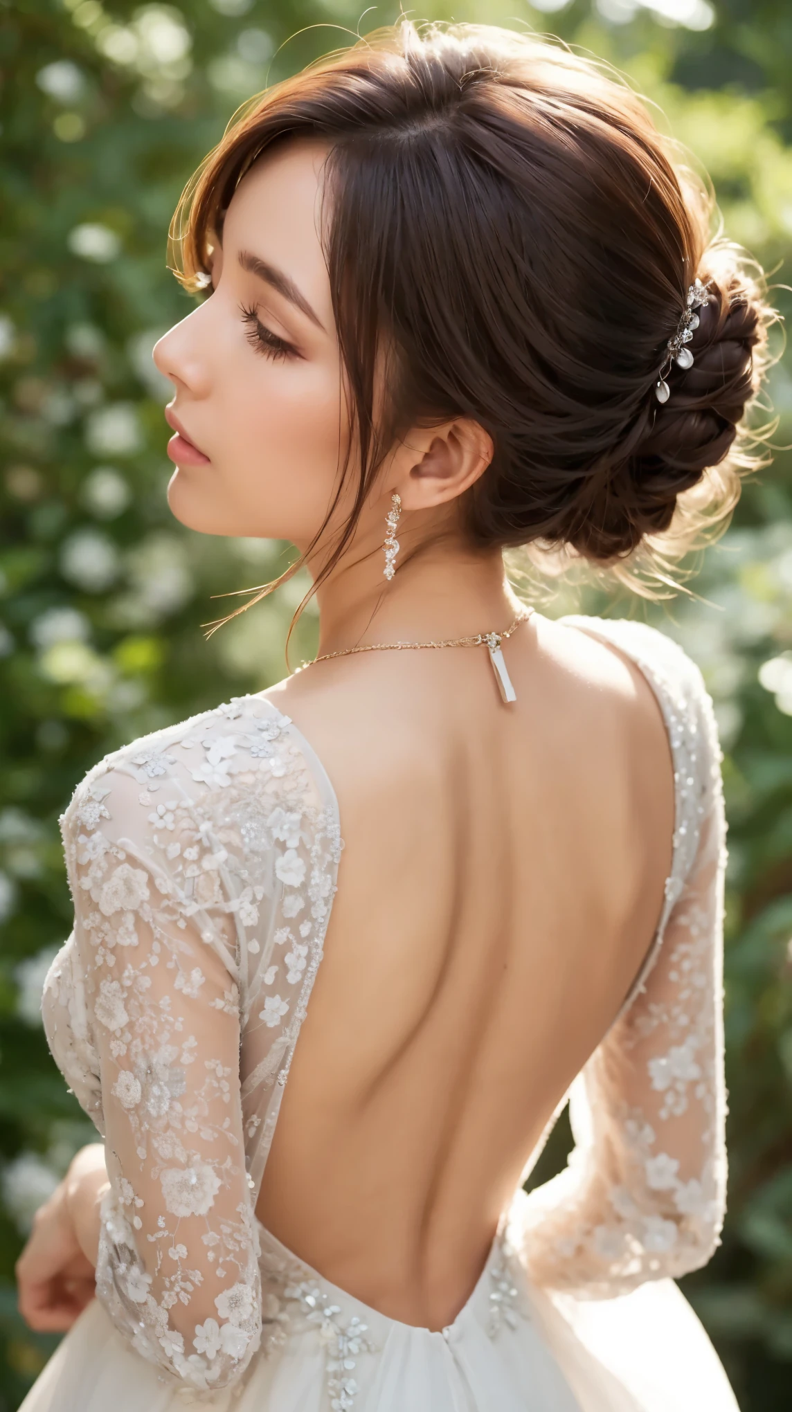 RAW photo, (Random shot, full body in frame, Side view focus, Dutch Angle), ((Asian adult female, one-person, Back of head) (traditional Chinese dress, one-piece, dark navy, long length, elegant, embroidered, decoration, fascinating,) random posing, stylish, cool, cute, sexy),