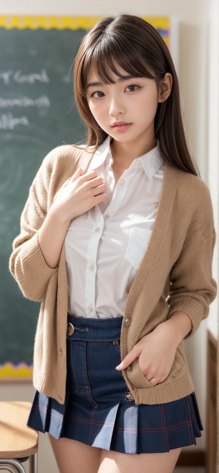 Super delicate and cute girl with brown hair、((having vaginal sex)),((sexual position missionary)),soio、a high school student、16years、8K Ultra High Definition、Delicate texture、 Medium Hair、flat chest、(((Plaid mini skirt)))、(((Wear a cardigan over a collared shirt)))、high socks、navy colored socks,Plain clothes,spreading her legs,exposed panties,nsfw,middle breast,classroom,lying down on the desk,spreading legs open wide with knees bent,creating the shape of the letter M,(((detailed race white panties))),