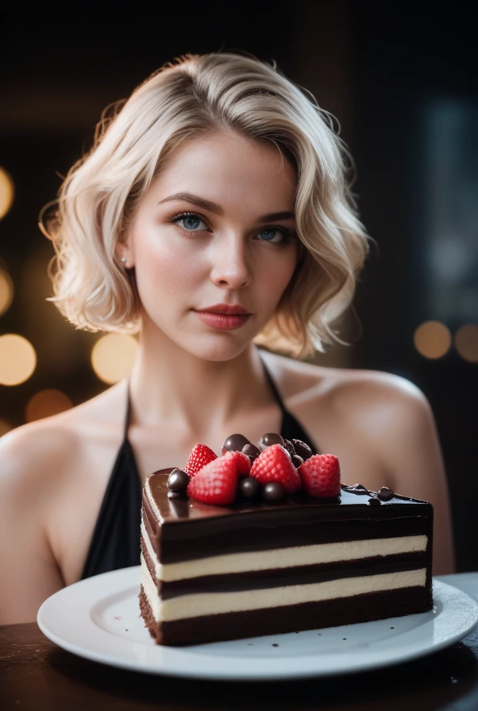 cinematic film still chocolate, chocolate cake, dark background, quality photo, moist texture, frosting, studio photo, slice . shallow depth of field, vignette, highly detailed, high budget, bokeh, cinemascope, moody, epic, gorgeous, film grain, grainy