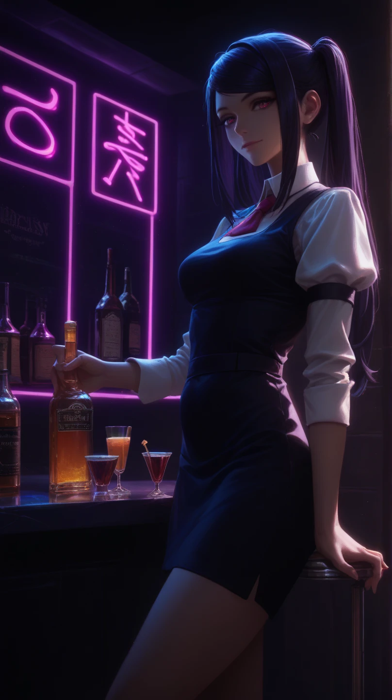 1lady solo, standing, bartender, (Jill Stingray behind the bar) tie, stylish outfit,(light smile:0.8), (masterpiece best quality:1.2) delicate illustration ultra-detailed, medium breasts BREAK ((colorful neon signs:1.2 on wall), (neon tube) glowing BREAK (fashionable bar counter) indoors, ((cocktail glass) filled with colorful liquor), (dimly lit room), liquor bottles, detailed background, detailxl