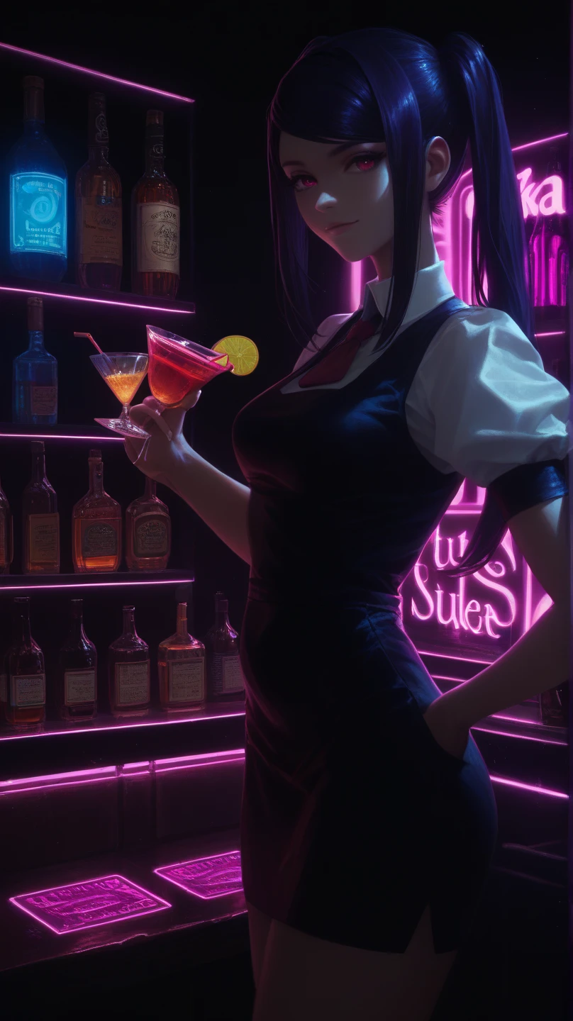 1lady solo, standing, bartender, (Jill Stingray behind the bar) tie, stylish outfit,(light smile:0.8), (masterpiece best quality:1.2) delicate illustration ultra-detailed, medium breasts BREAK ((colorful neon signs:1.2 on wall), (neon tube) glowing BREAK (fashionable bar counter) indoors, ((cocktail glass) filled with colorful liquor), (dimly lit room), liquor bottles, detailed background, detailxl