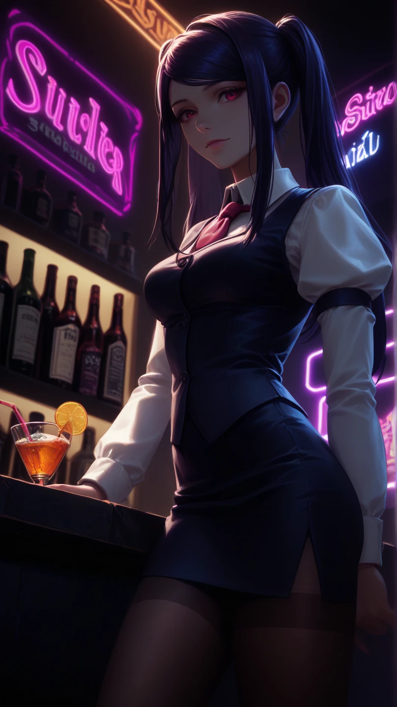 1lady solo, standing, bartender, (jill stingray, necktie, pantyhose, skirt, vest, white shirt behind the bar) tie, stylish outfit,(light smile:0.8), (masterpiece best quality:1.2) delicate illustration ultra-detailed, medium breasts BREAK ((colorful neon signs:1.2 on wall), (neon tube) glowing BREAK (fashionable bar counter) indoors, ((cocktail glass) filled with colorful liquor), (dimly lit room), liquor bottles, detailed background, detailxl