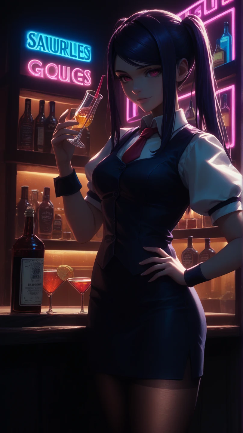 1lady solo, standing, bartender, (jill stingray, necktie, pantyhose, skirt, vest, white shirt behind the bar) tie, stylish outfit,(light smile:0.8), (masterpiece best quality:1.2) delicate illustration ultra-detailed, medium breasts BREAK ((colorful neon signs:1.2 on wall), (neon tube) glowing BREAK (fashionable bar counter) indoors, ((cocktail glass) filled with colorful liquor), (dimly lit room), liquor bottles, detailed background, detailxl