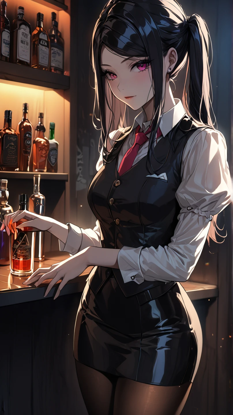 1lady solo, standing, bartender, (jill stingray, necktie, pantyhose, skirt, vest, white shirt behind the bar) tie, stylish outfit,(light smile:0.8), (masterpiece best quality:1.2) delicate illustration ultra-detailed, medium breasts BREAK ((colorful neon signs:1.2 on wall), (neon tube) glowing BREAK (fashionable bar counter) indoors, ((cocktail glass) filled with colorful liquor), (dimly lit room), liquor bottles, detailed background, detailxl