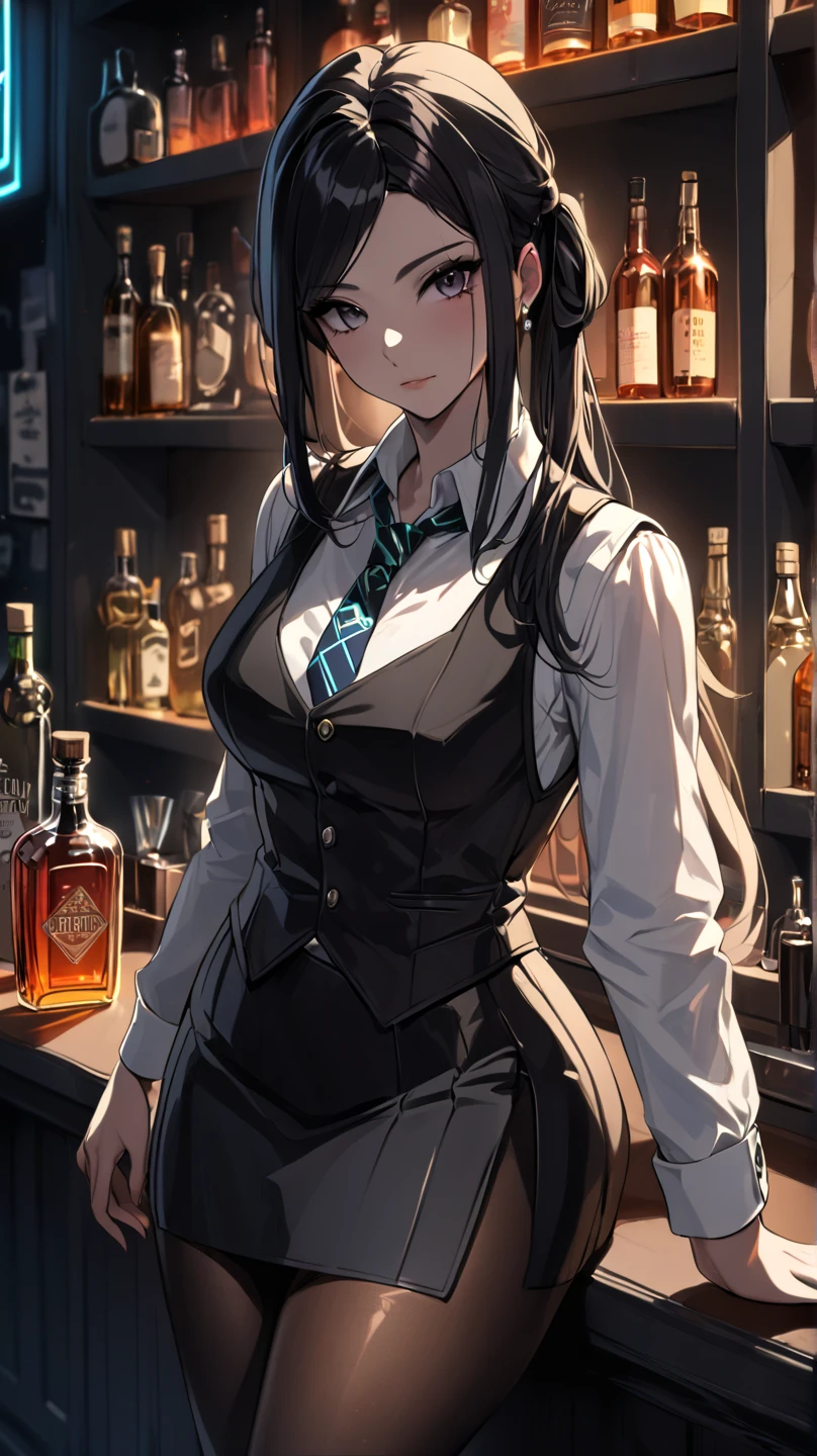 1lady solo, standing, bartender, (jill stingray, necktie, pantyhose, skirt, vest, white shirt behind the bar) tie, stylish outfit,(light smile:0.8), (masterpiece best quality:1.2) delicate illustration ultra-detailed, medium breasts BREAK ((colorful neon signs:1.2 on wall), (neon tube) glowing BREAK (fashionable bar counter) indoors, ((cocktail glass) filled with colorful liquor), (dimly lit room), liquor bottles, detailed background, detailxl