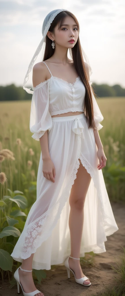 full body,cinematic angle,(very long hair),foot length hair,long hair to the ground,field,summer long skirt,stiletto heels,hood,earrings,