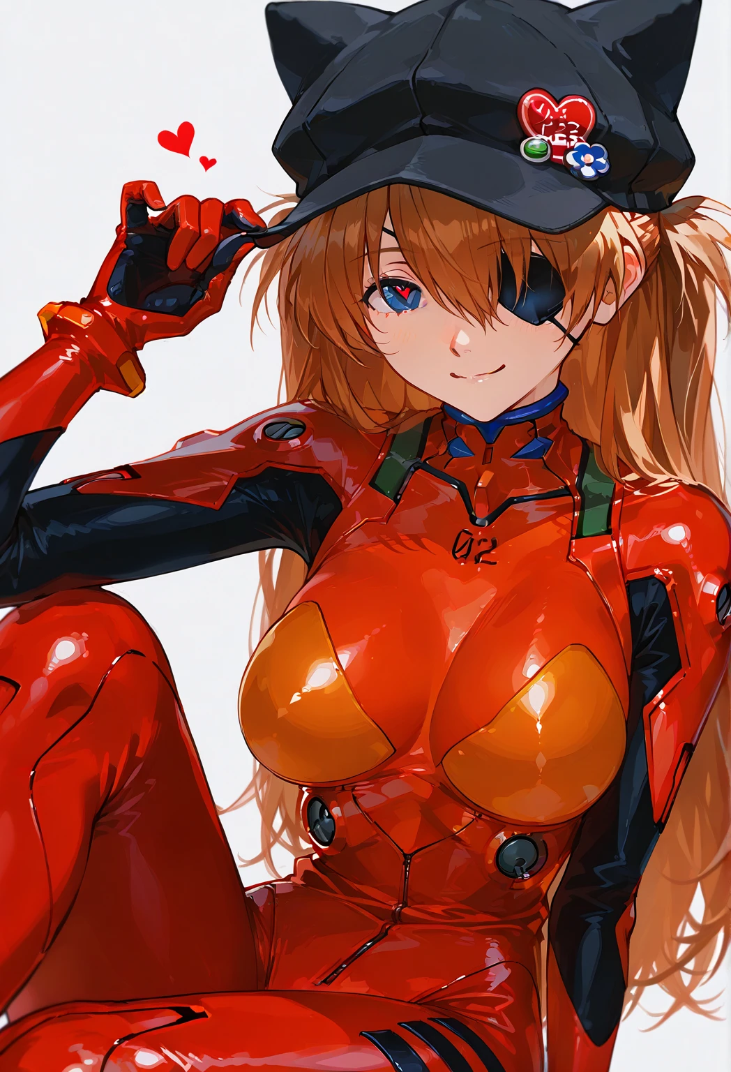  top quality , masterpiece,    748cm style   ,    1 girl,   Neon Genesis Evangelion 、    Shikinami Asuka Langley、    red plug suit    、    eye patch、(Cat hat、black)、smile、    very large breasts 、 Heart Eye 