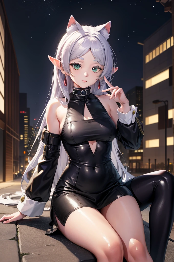 high-key and low-variance brightness scale,soft light,realistic light and shadow, light and dark interlaced,(wide shot:1.3),female focus,looking at viewer,dramatic angle,(solo:1.6)
(masterpiece),(best quality),(highres),(by famous artist),(((official art))),(by Paul Hedley),(illustration),
1girl,(frieren),(elf),agent female
(small breasts:1.3),(whole body),(round face),(pointy ears),(slim legs),(skinny body),(detailed beautiful face),lustrous skin,shiny skin,(articulated fingers),navel,stomach
(black latex suit:1.4),(zipper,center opening, unzipped,cleavage:1.3),long sleeves,gloves,leather pants,leather boots
outdoor,cyberpunk city, kowloon, rain,
((naughty face)),blush,((squatting)),sexually suggestive,stealthfellatio,tongue out,
(green eyes:1.3)
(white hair),long hair,twintails,parted bangs,(reflective hair)
