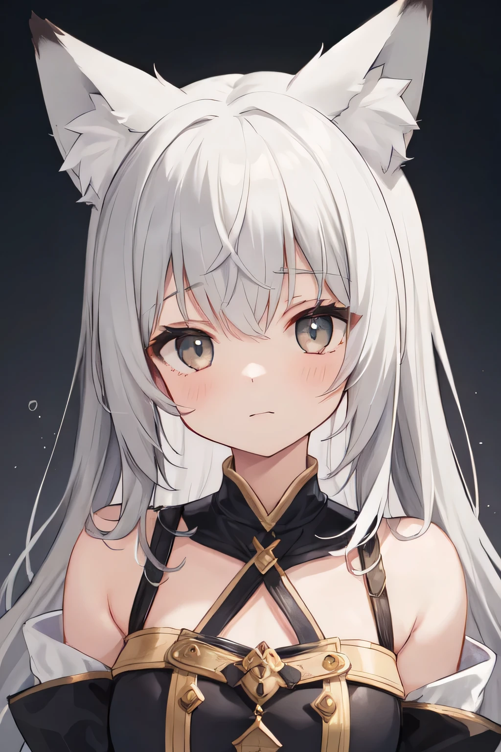 (masterpiece, best quality), 1girl, beautiful face, schwarz_arknights, animal_ears, grey_hair, long_hair, cat_ears, bangs, yellow_eyes, ponytail, hair_between_eyes, upper_body, cleavage,