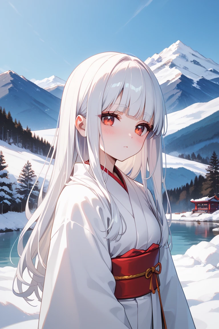 masterpiece,best quality,simple,minimalism,hime cut,cute japanese girl,(((straight white long hair))),troubled and groomed eyebrows,red eyes,slanted eyes,half opened eyes,white skin,white kimono red obi,simple background,snow,mountain,shy,swimming