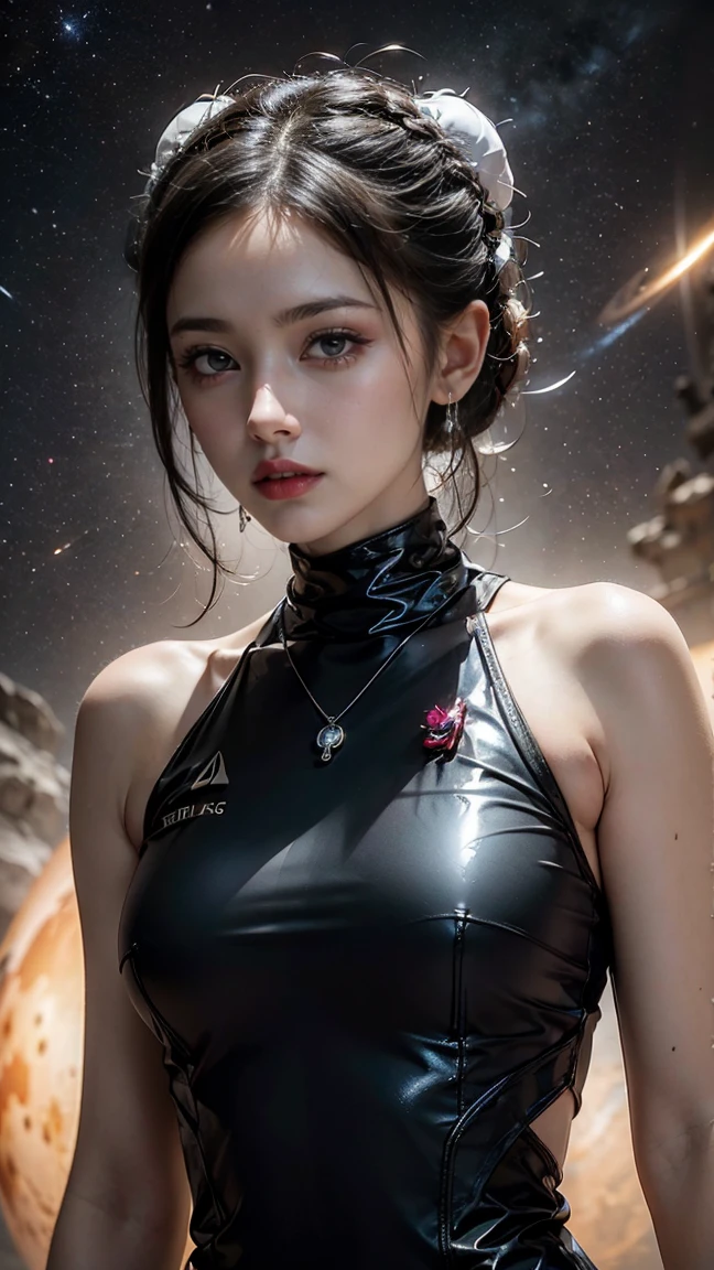 best quality, masterpiece, ultrarealistic, dark space, cosmic style, futuristic art, sci-fi, realistic, cyberpunk, neon light, gothic beautiful futanari, naked body, black long hair, small breasts, large penis, whore pose, supermassive black hole background, Neon, cosmic lights, bondage_outfit <lora:RenhangFlash:0.5>,