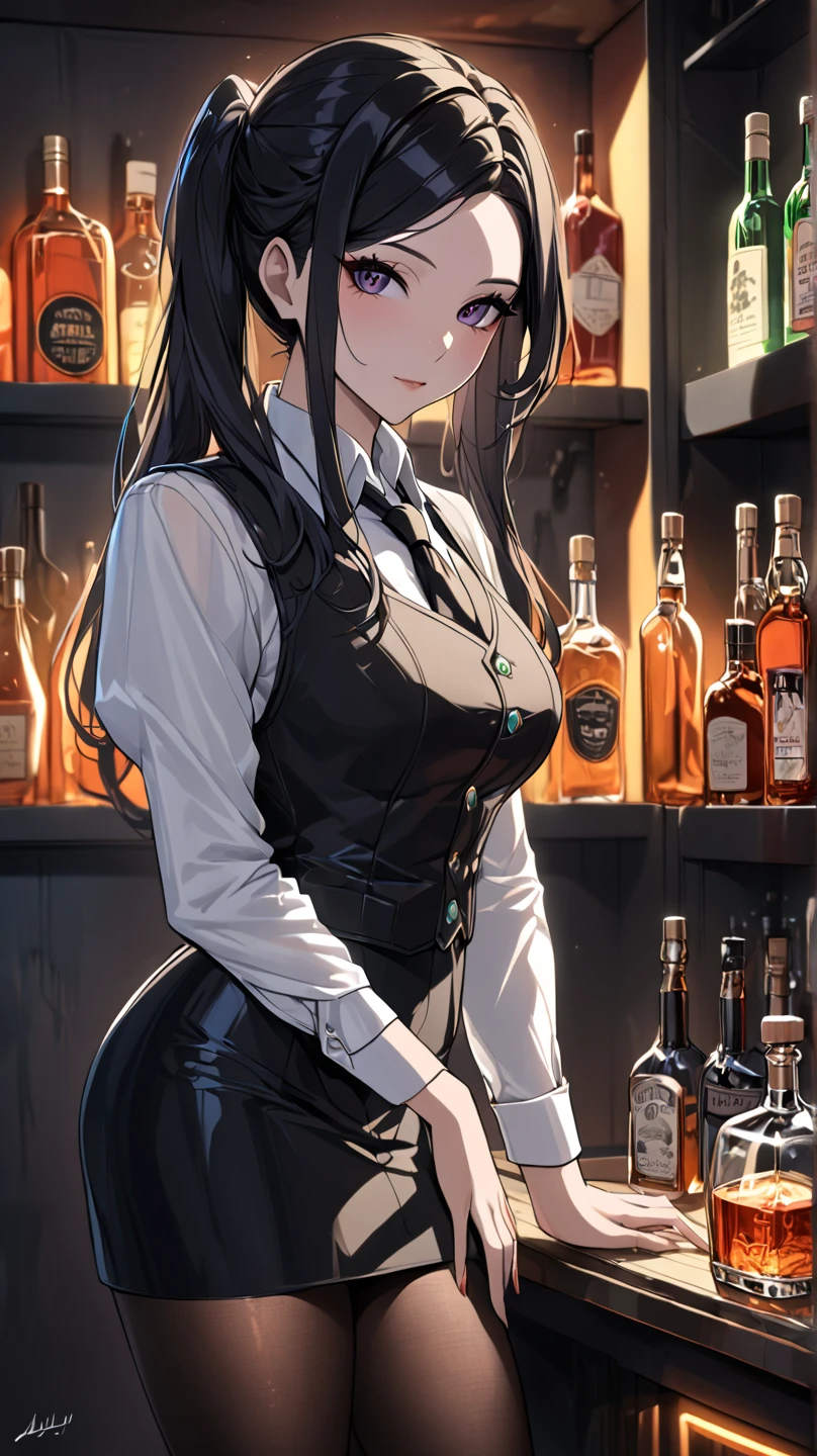 1lady solo, standing, bartender, (jill stingray, necktie, pantyhose, skirt, vest, white shirt behind the bar) tie, stylish outfit,(light smile:0.8), (masterpiece best quality:1.2) delicate illustration ultra-detailed, medium breasts BREAK ((colorful neon signs:1.2 on wall), (neon tube) glowing BREAK (fashionable bar counter) indoors, ((cocktail glass) filled with colorful liquor), (dimly lit room), liquor bottles, detailed background, detailxl, (SuperQuality:1.0) ~ (SuperQuality:1.2), aidxlv05_neg