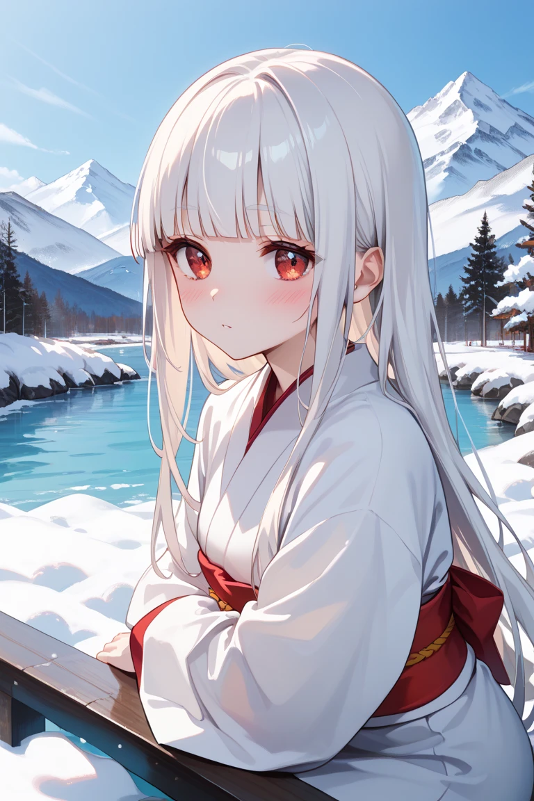 masterpiece,best quality,simple,minimalism,hime cut,cute japanese girl,(((straight white long hair))),troubled and groomed eyebrows,red eyes,slanted eyes,half opened eyes,white skin,white kimono red obi,simple background,snow,mountain,shy,(((swimming)))