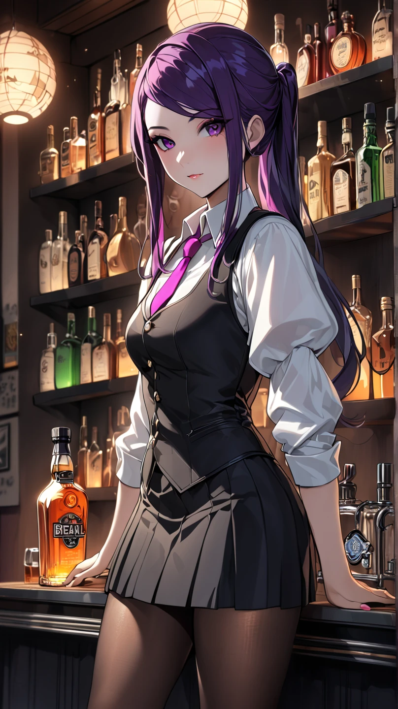 1lady solo, standing, bartender, (jill stingray, necktie, pantyhose, skirt, vest, white shirt behind the bar), dark purple hair ,(light smile:0.8), (masterpiece best quality:1.2) delicate illustration ultra-detailed, medium breasts BREAK ((colorful neon signs:1.2 on wall), (neon tube) glowing BREAK (fashionable bar counter) indoors, ((cocktail glass) filled with colorful liquor), (dimly lit room), liquor bottles, detailed background, detailxl