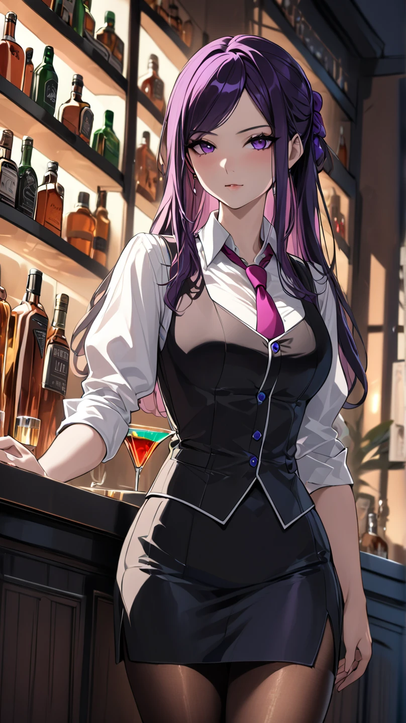 1lady solo, standing, bartender, (jill stingray, necktie, pantyhose, skirt, vest, white shirt behind the bar), dark purple hair ,(light smile:0.8), (masterpiece best quality:1.2) delicate illustration ultra-detailed, medium breasts BREAK ((colorful neon signs:1.2 on wall), (neon tube) glowing BREAK (fashionable bar counter) indoors, ((cocktail glass) filled with colorful liquor), (dimly lit room), liquor bottles, detailed background, detailxl