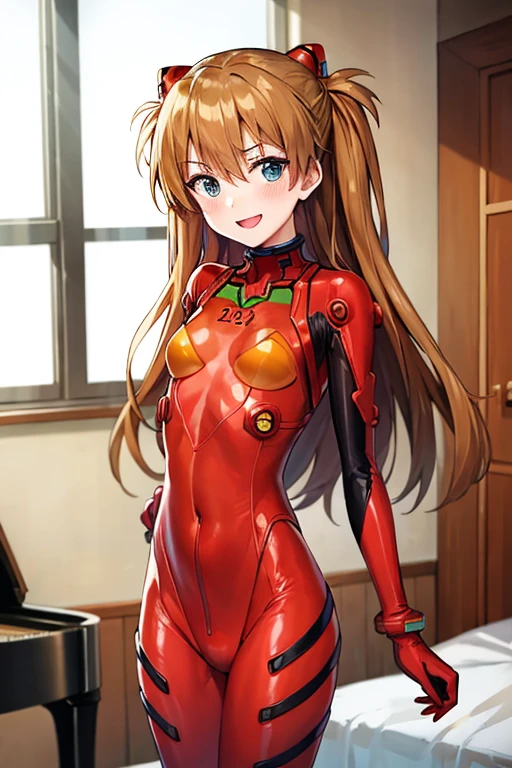 (( top quality )), ((masterpiece)), (be familiar with), perfect face, indoor, bedroom,  viewers because it's Shiragane in the middle of winter,
One woman,  Soryu Asuka Langley ,
開いた口,  ecstatic expression beside the piano, blush, smile,
 small tits,  flat chest, Young girl, Lori,  s,  girl,
 long hair,  twin tails,
Leg spread,